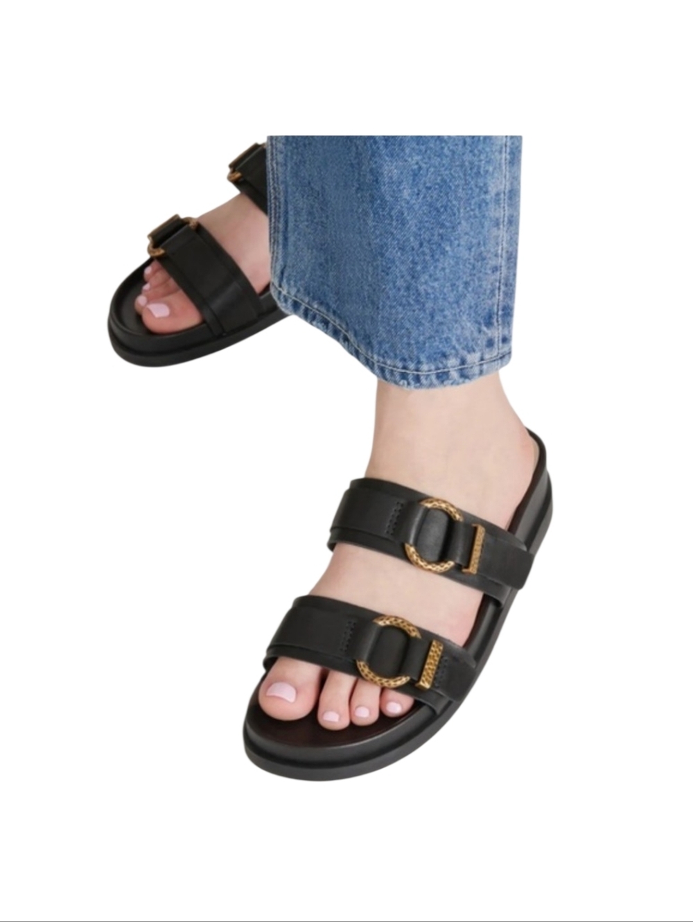 DOLCE VITA Black Double-Strap Slide Sandals with Gold Buckles EUC! - Picture 10 of 10